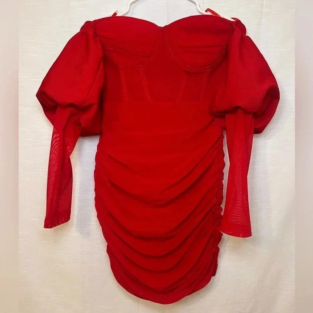 Olivia Mark – Lantern Sleeve Ruched Off Shoulder Bodycon Dress - Picture 4 of 15